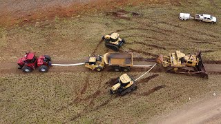 Big D11 Bulldozer Drags Tractors and Dump Truck [upl. by Aserehtairam]