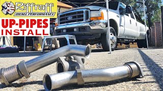 2001 F350 73  RiffRaff UpPipes Install  Stock up pipes leaking and falling apart JUNK SP [upl. by Aroc260]